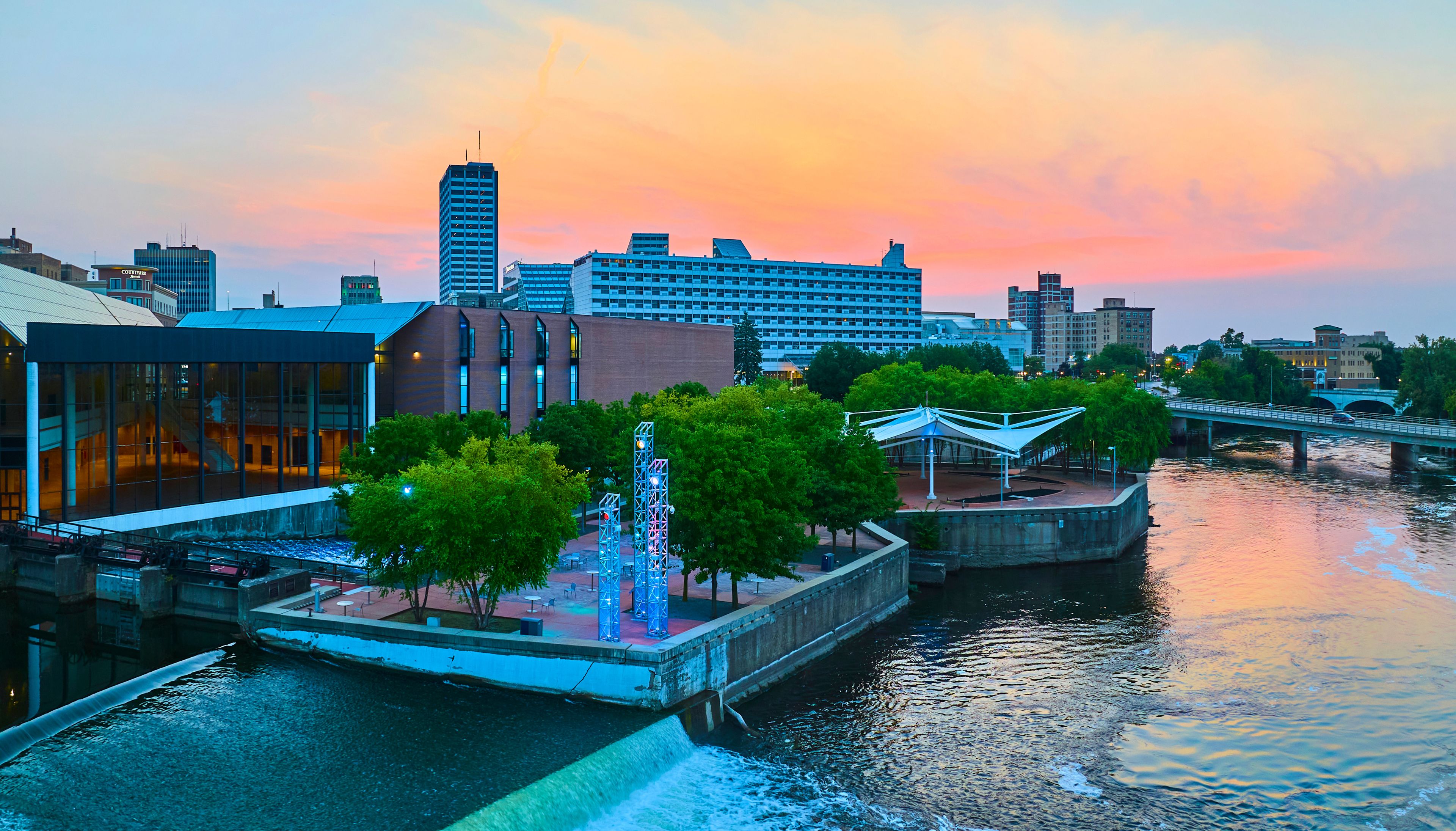 Aerial Panorama of South Bend Riverfront at Sunset