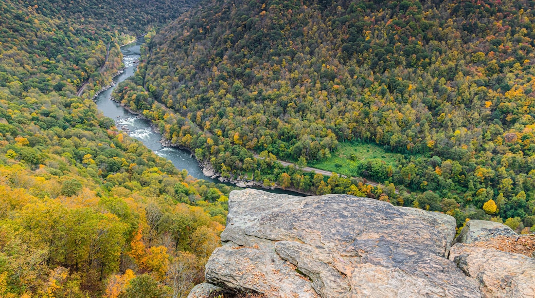 The Sandstone Cliffs of Diamond Point Above The New River Gorge With Fall Foliage, New River Gorge National Park, West Virginia, USA