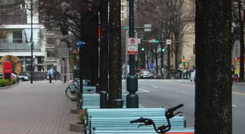 This picture was taken in downtown Charlotte,NC about 10 minutes after arriving in the city by car. The orange bike is one of the rental bikes that are available everywhere downtown. You just go to one of the automated bike stands and swipe a credit card,and then just leave the bike somewhere downtown when done. A gps activates in the bike and some one will come around and collect it It was bitterly cold, it started snowing about 20 minutes after this photo was taken. Nice city lots to do,but only go during the warm months.