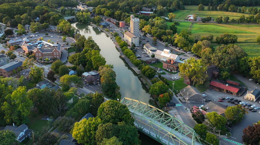 Early evening aerial photo of Schoen Place and the Erie Canal in the Village of Pittsford, New York.