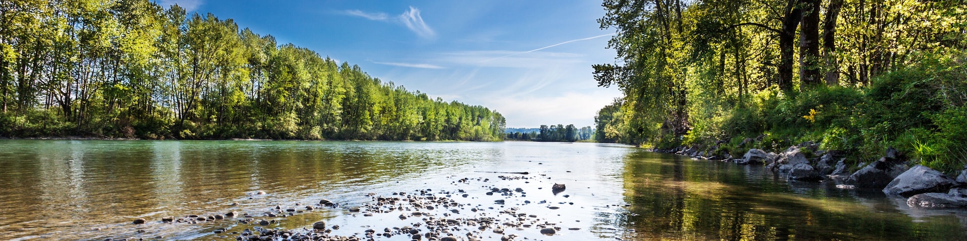 Un río de aguas cristalinas, rodeado de árboles frondosos y rocas en las orillas.