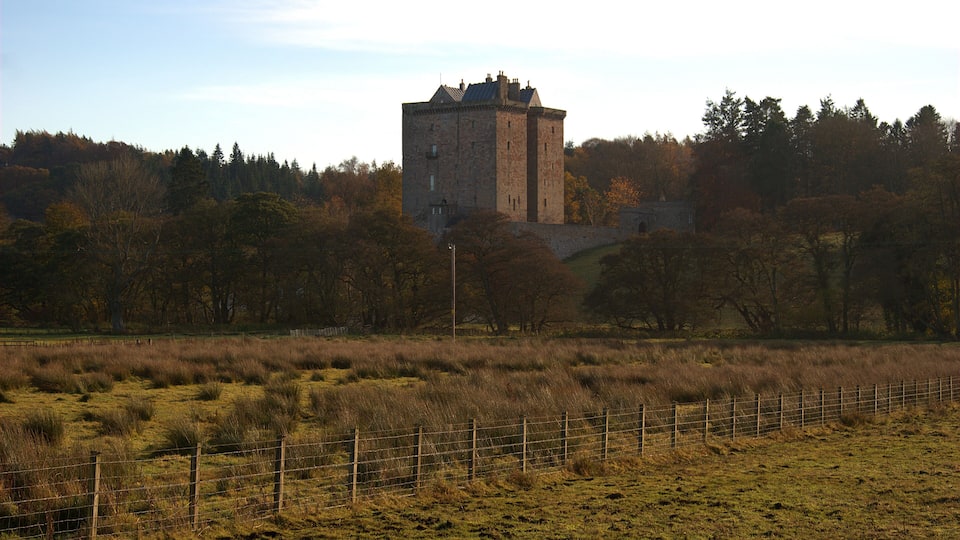 Borthwick castle and countryside in autumn, midlothian