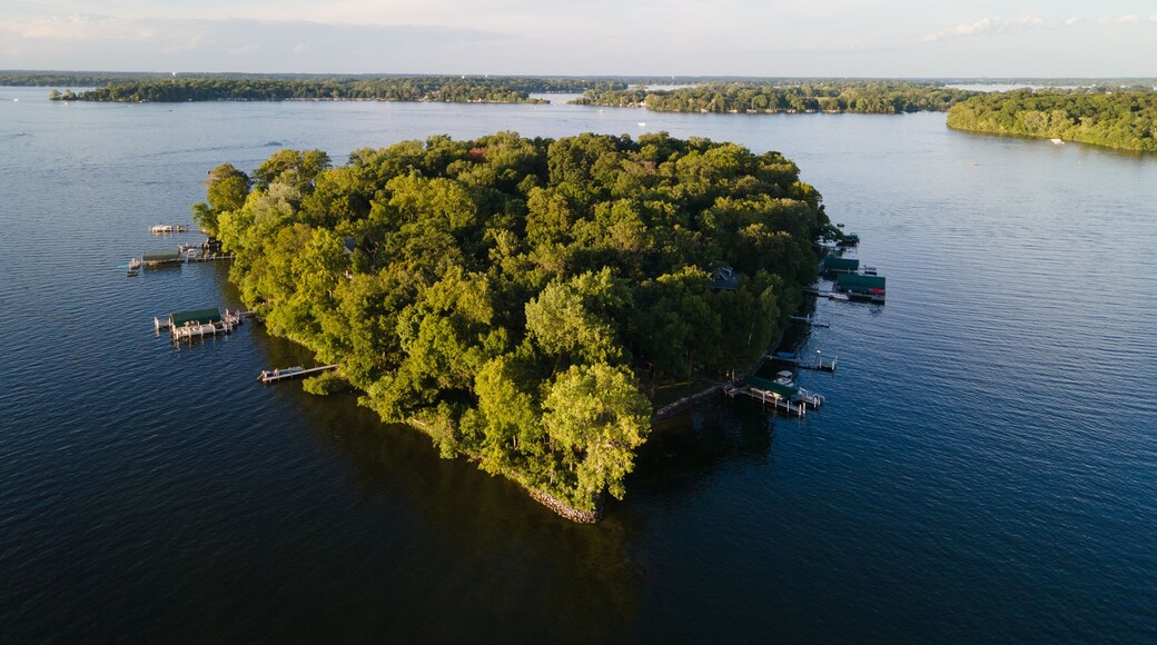 Forest-Covered Island in Lake Minnetonka: Aerial View on a Serene Summer Day