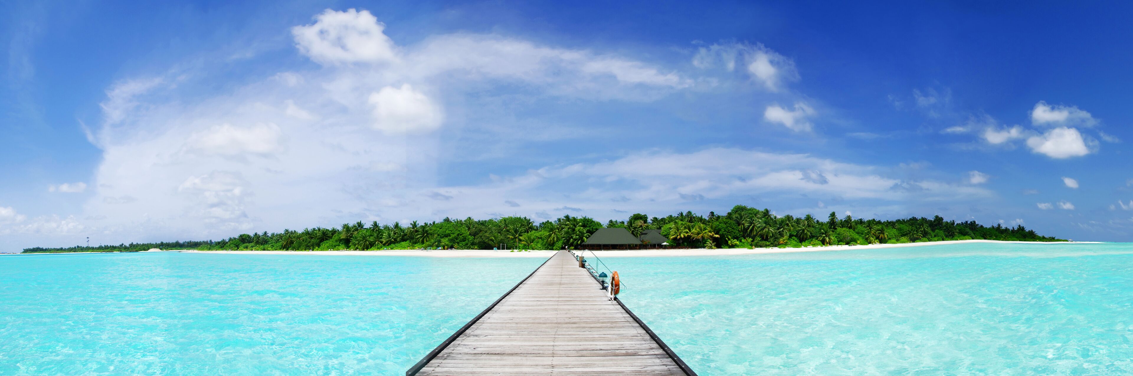 A wooden pier leading to a tropical island with a beach and dense palm trees.