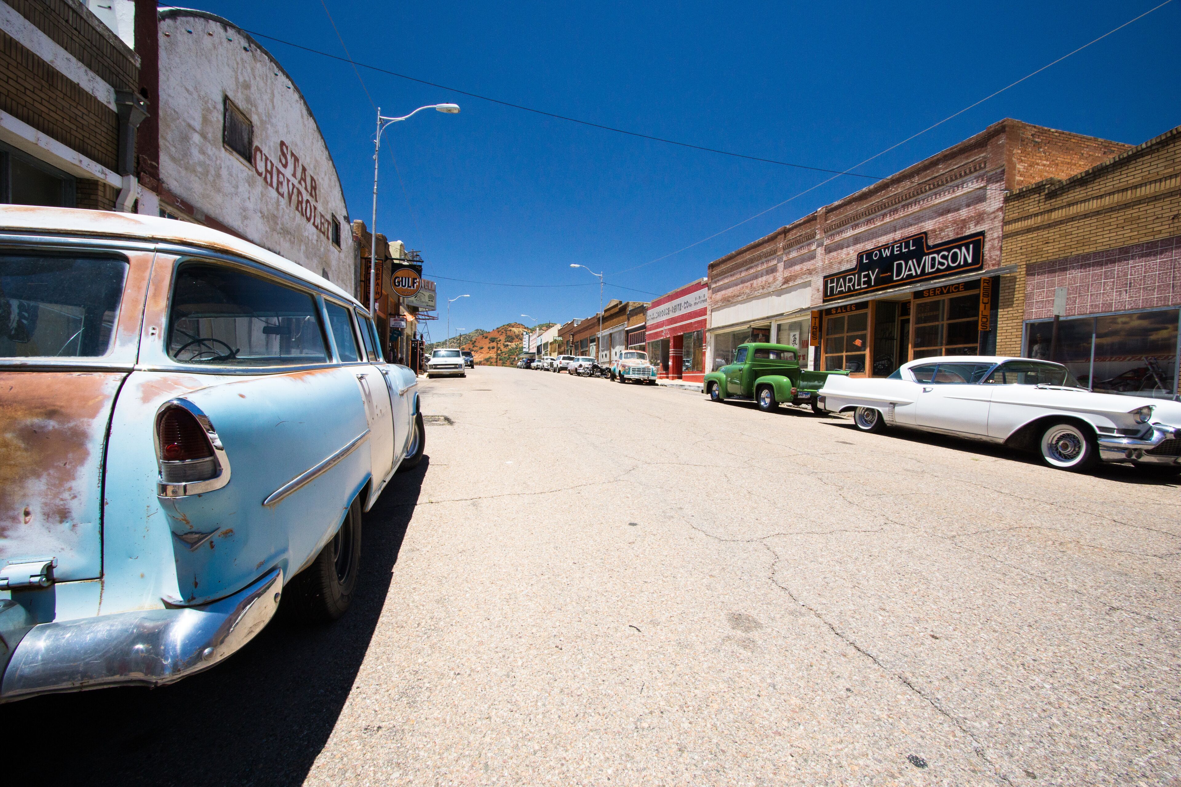 Bisbee, AZ, USA / 12 July 2016: historic ghost town of Lowell with the carefully renovated Erie street