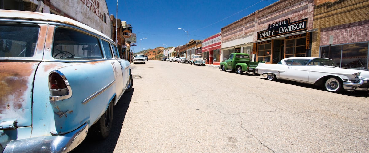 Bisbee, AZ, USA / 12 July 2016: historic ghost town of Lowell with the carefully renovated Erie street