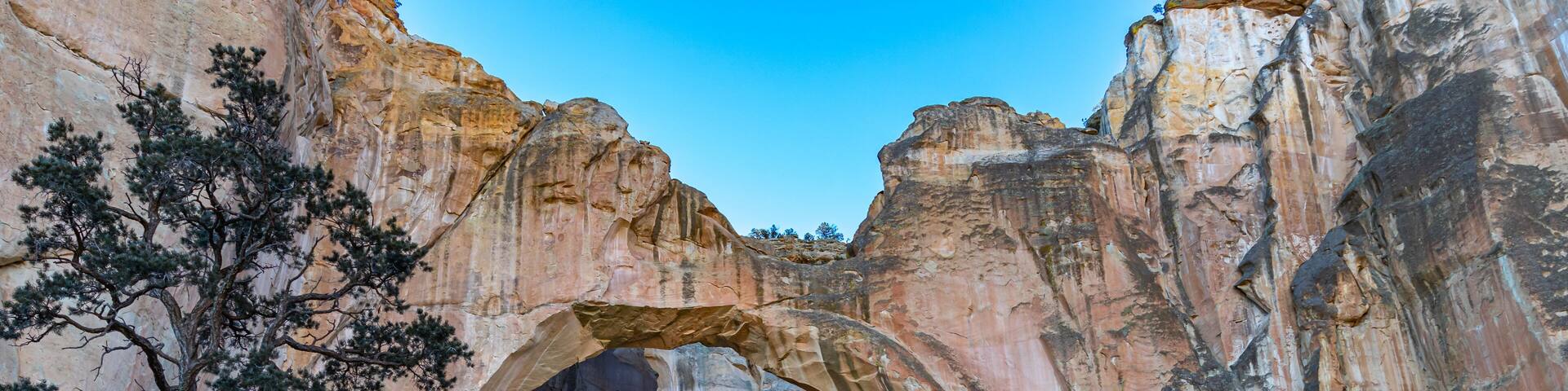 A natural rock arch formation surrounded by trees.