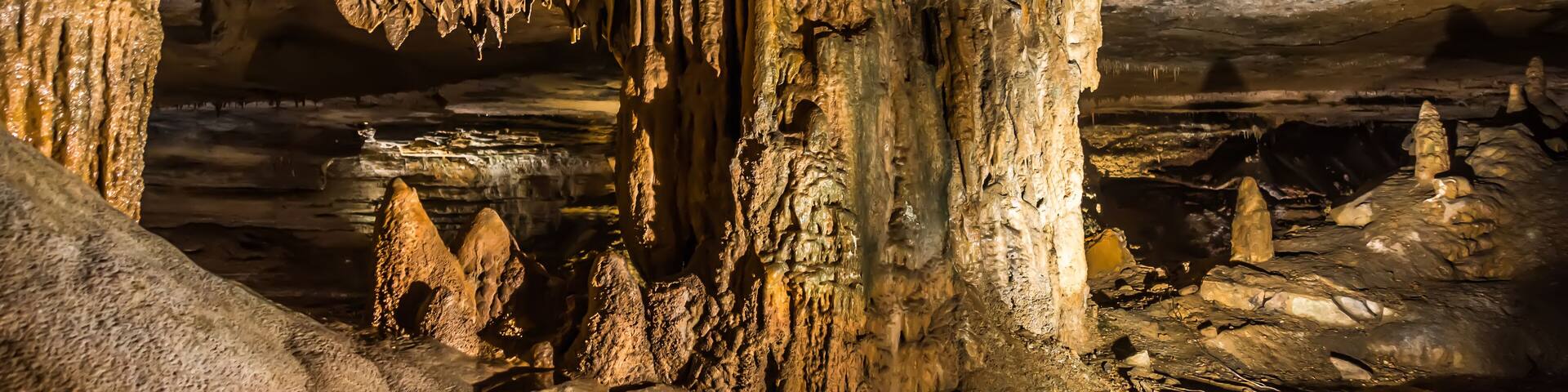 A cave with stalactites and stalagmites.