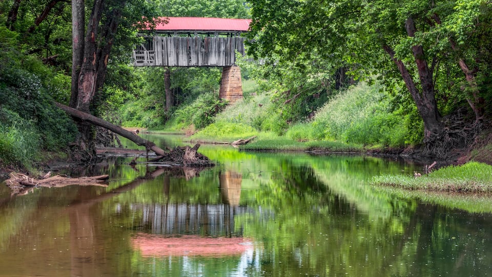 A wooden bridge over a calm river surrounded by lush greenery.