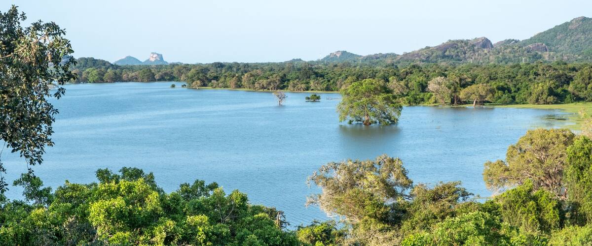 A large lake surrounded by dense forest and hills.