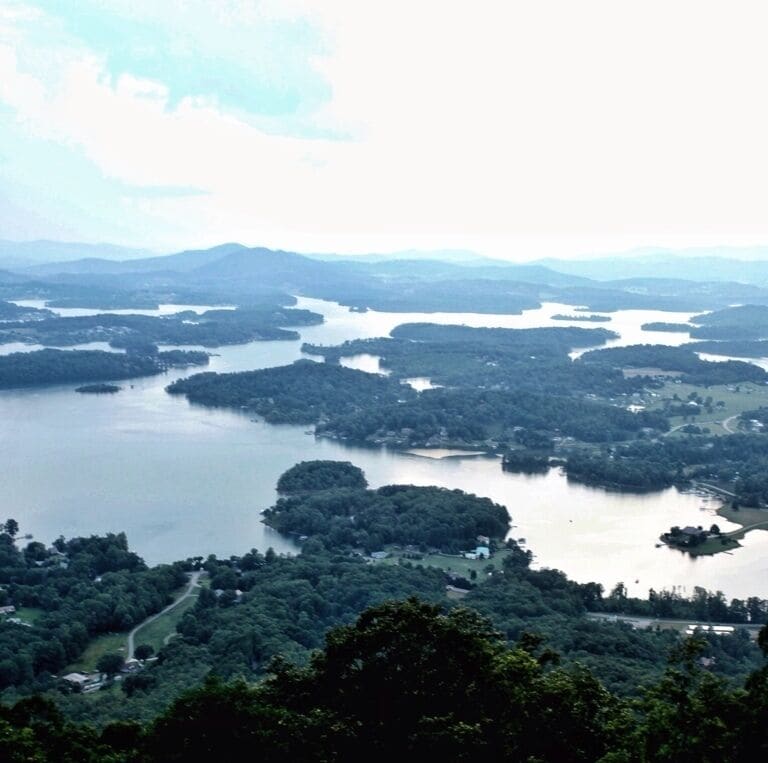 Bell mountain. A right of passage for a college student to climb. The road takes you up about 4 miles from the base of the mountain, but the final 3 mile hike can only be taken by foot or by the very best in 4X4s'. Once at the top you see a rocky white rock capped mountain with a 360 degree panoramic view of Hiawassee basin, it's an impressive view. The lake is Chatuge, a man made lake built by the TVA to help with hydroelectricity. 
