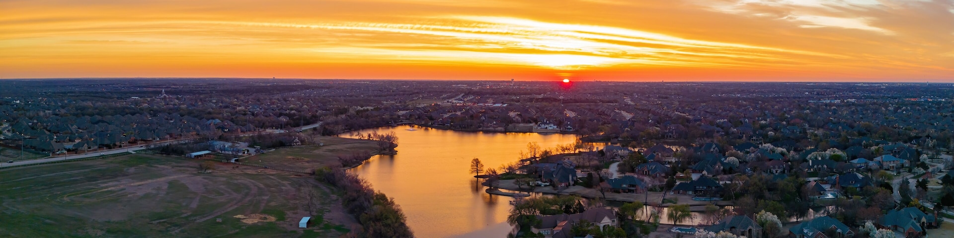 Aerial view of the beautiful sunrise landscape over Edmond area