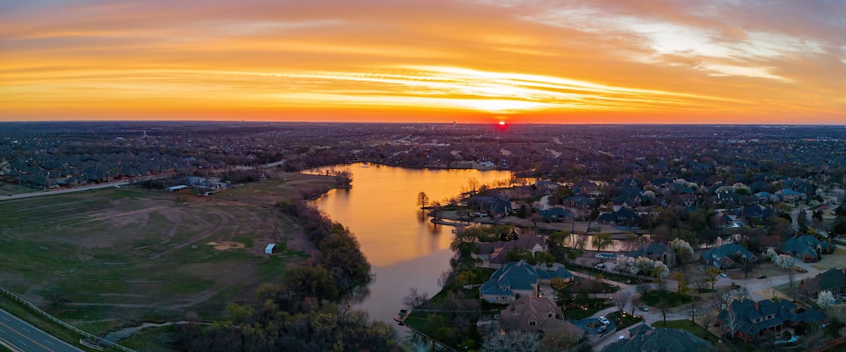 Aerial view of the beautiful sunrise landscape over Edmond area