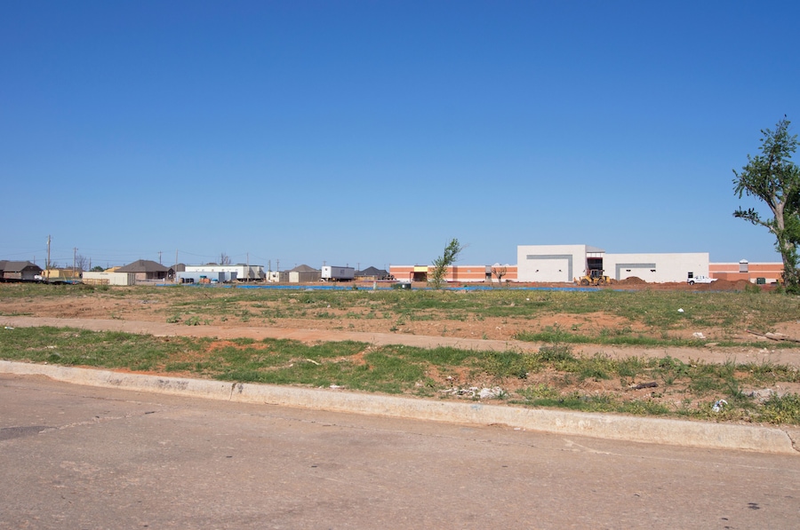 Rebuilding and development of the site of the May 2013 tornado that hit the City of Moore, Oklahoma, to the south of Oklahoma City. Image captured in May 2014.
