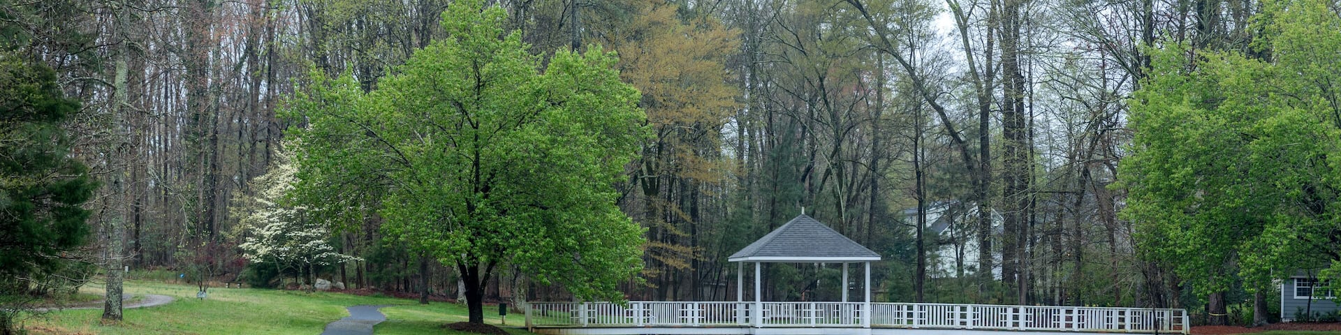 Gazebo on bridge going over pond
