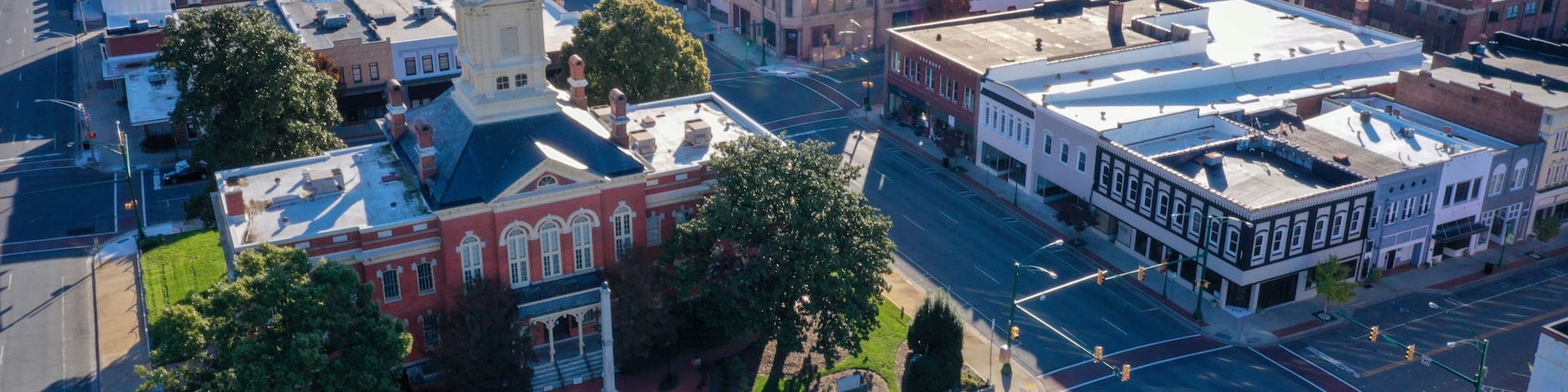 Aerial view of the old Court House in Monroe NC. Looking at the back of the build from the left side.