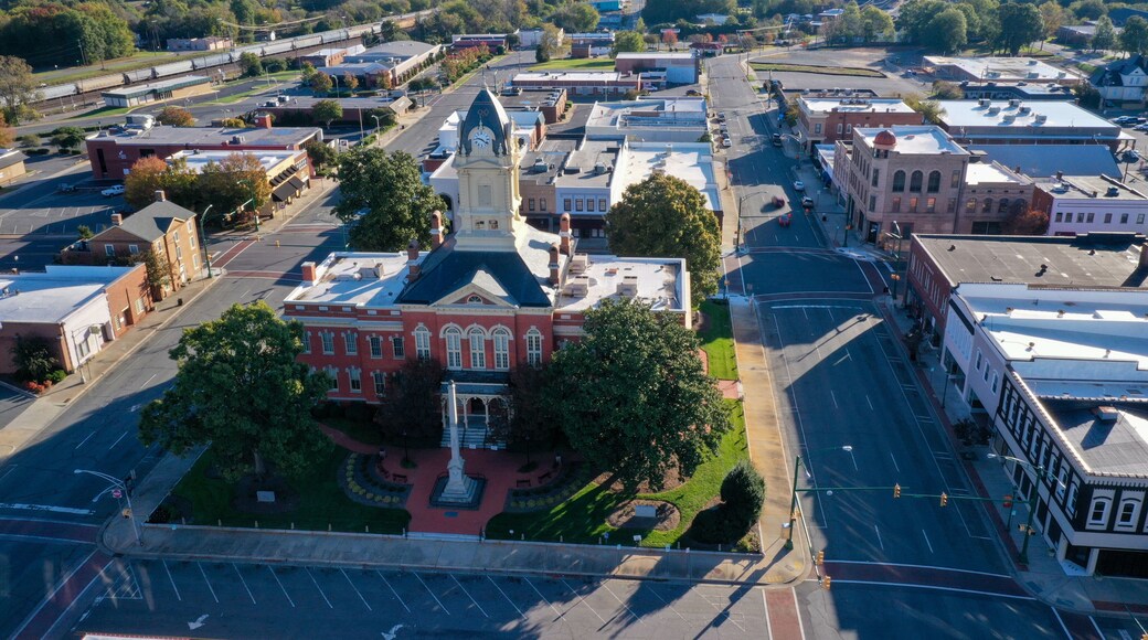 Aerial view of the old Court House in Monroe NC. Looking at the back of the build from the right side.