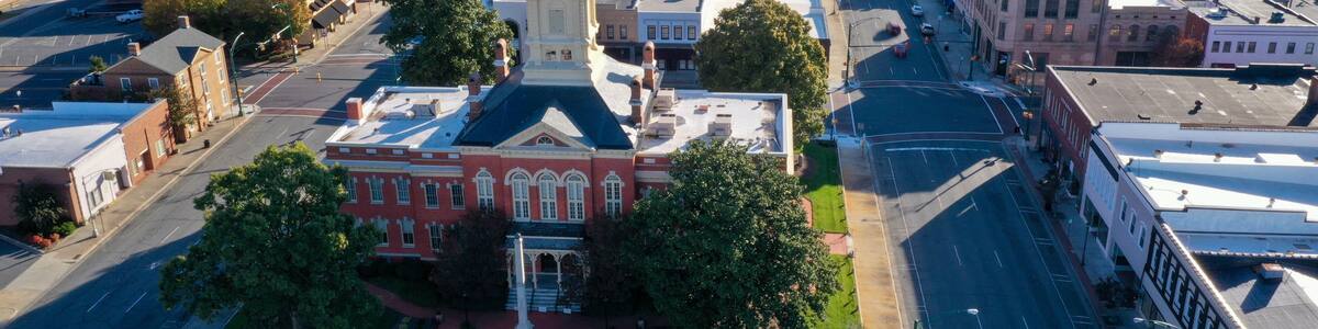 Aerial view of the old Court House in Monroe NC. Looking at the back of the build from the right side.