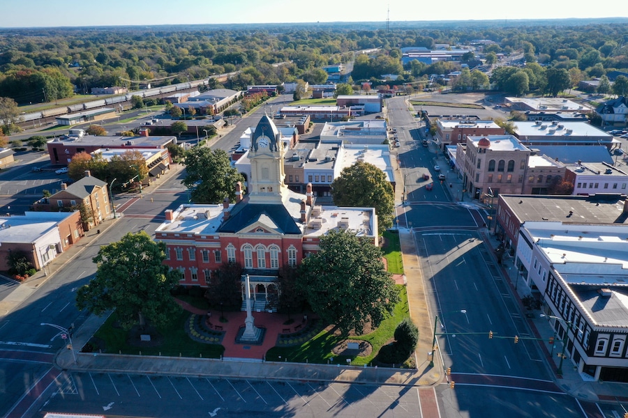 Aerial view of the old Court House in Monroe NC. Looking at the back of the build from the right side.