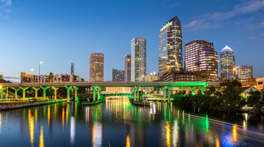 Tampa skyline with skyscrapers real estate panorama bridge over Hillsborough River at night in downtown Tampa, United States