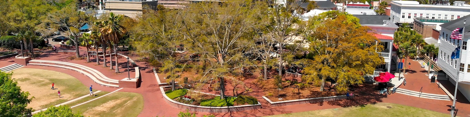 A park with pathways, trees, and buildings in the background.
