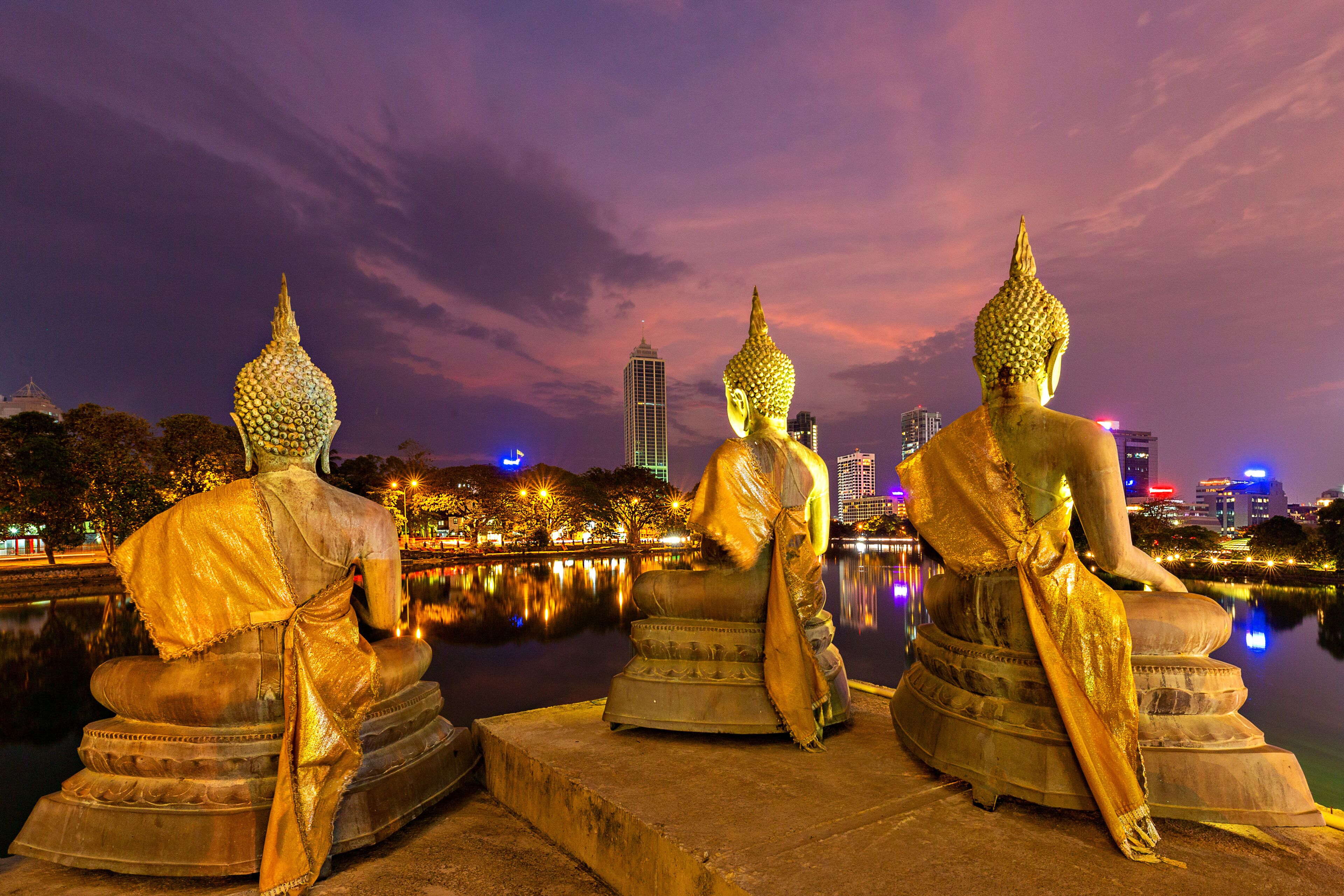 Skyline of Colombo through Buddha statues, Sri Lanka