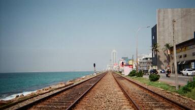 A railway track leading to a coastal city with buildings and palm trees.
