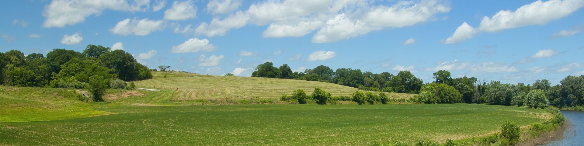 Sunny Summer landscape view of the Missouri River flowing by lush, hilly green farmland along the Katy Trail, near Jefferson City, Missouri.