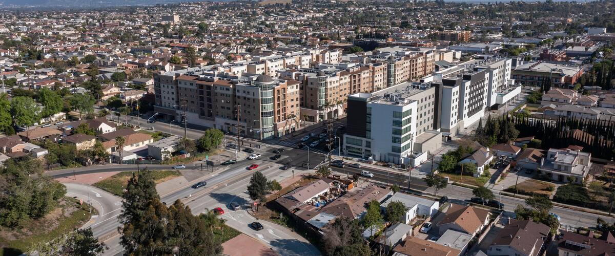 Afternoon aerial city view of downtown Monterey Park, California, USA.