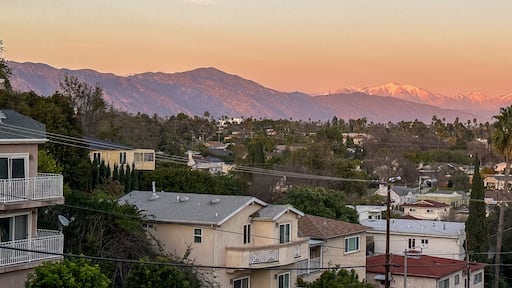 Los Angeles - San Gabriel Mountains and Valley at sunet, snowtop mountainside and landscape