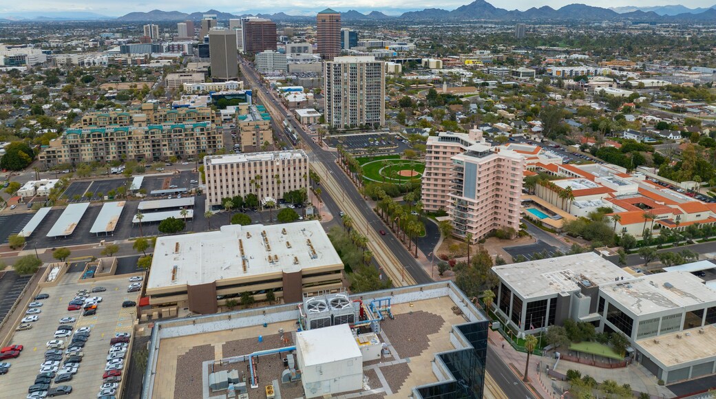 Phoenix Midtown modern skyline aerial view with downtown Phoenix at the background on N Central Avenue, Phoenix, Arizona AZ, USA.