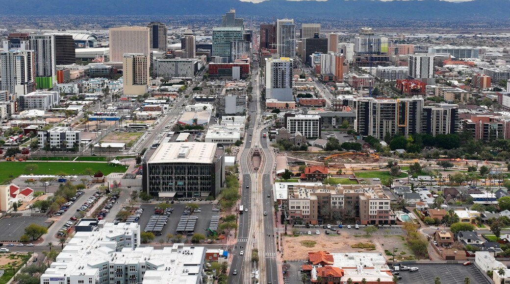 Phoenix Midtown modern skyline aerial view with downtown Phoenix at the background on N Central Avenue, Phoenix, Arizona AZ, USA.