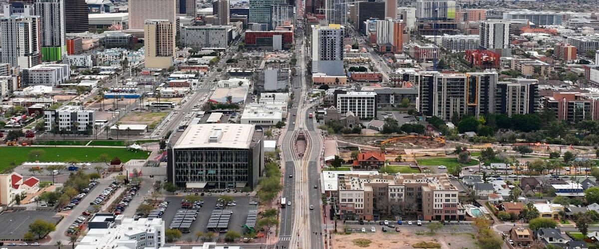 Phoenix Midtown modern skyline aerial view with downtown Phoenix at the background on N Central Avenue, Phoenix, Arizona AZ, USA.