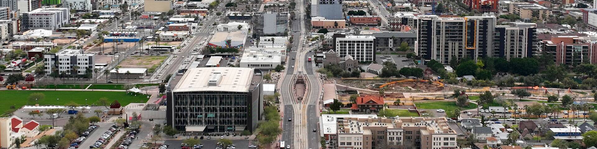 Phoenix Midtown modern skyline aerial view with downtown Phoenix at the background on N Central Avenue, Phoenix, Arizona AZ, USA.