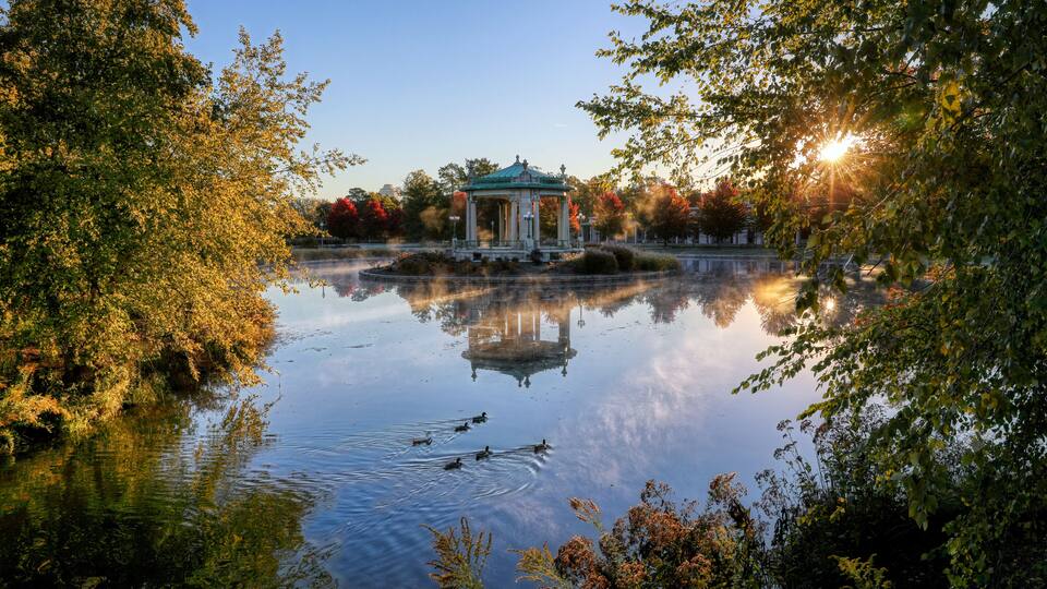 A gazebo by a calm lake with ducks swimming, surrounded by autumn trees and clear sky.