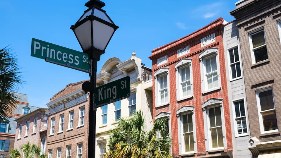 Cityscape of the historic downtown French Quarter district in Charleston, South Carolina
