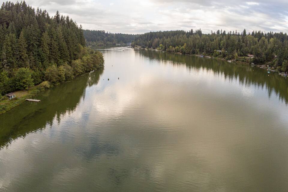 A calm river surrounded by dense forests and a cloudy sky.