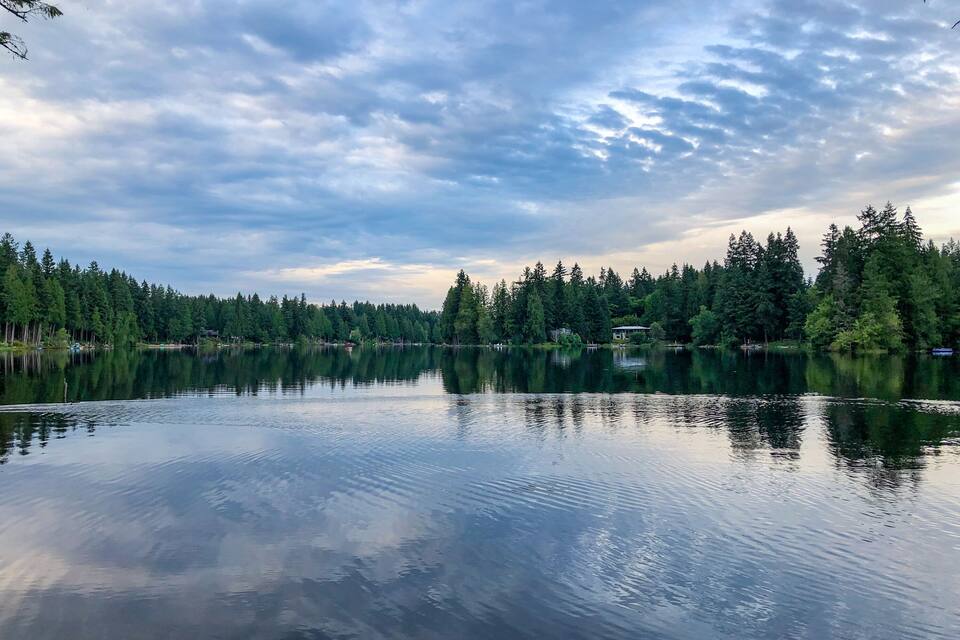 A calm lake surrounded by dense forest and a small house near the shore.