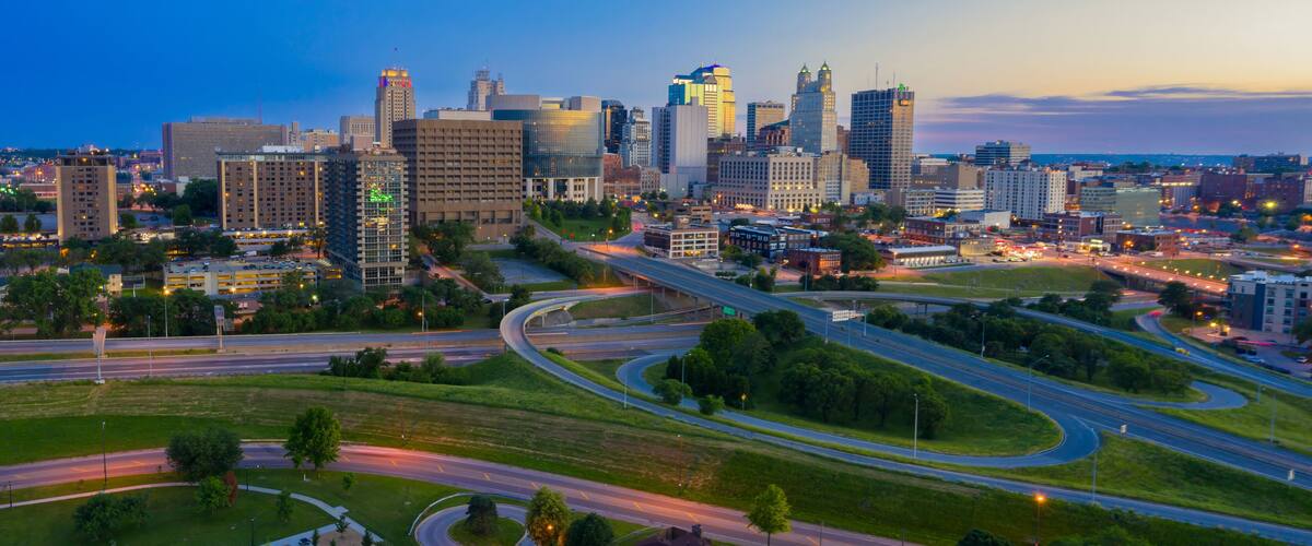 Intersate Freeway and down Kansas City at sunset, Missouri, United States Of America.