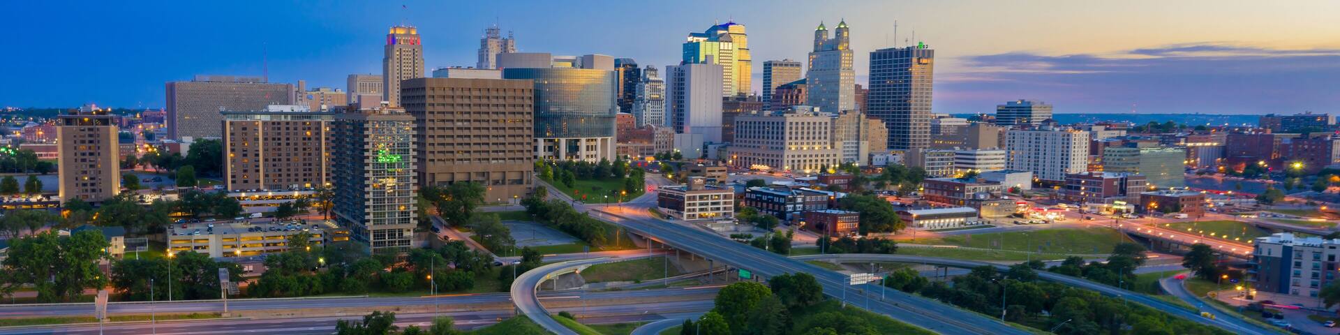 Intersate Freeway and down Kansas City at sunset, Missouri, United States Of America.