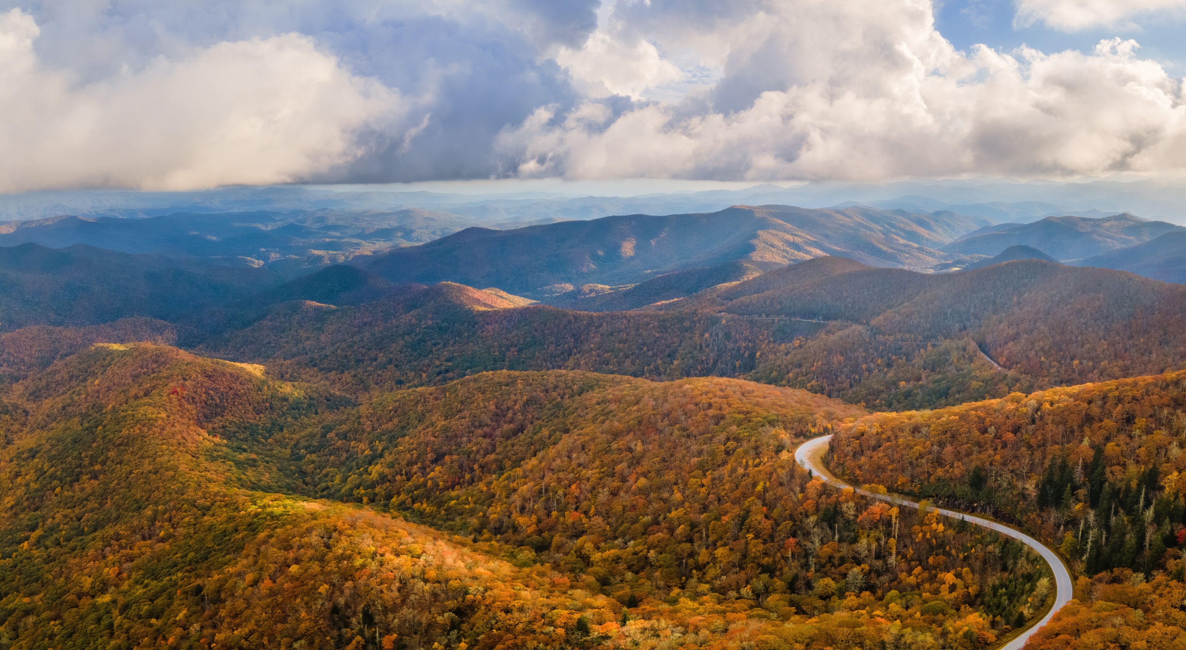 Scenic Autumn Drive on the southern portion of the Blue Ridge Parkway in North Carolina Mountains