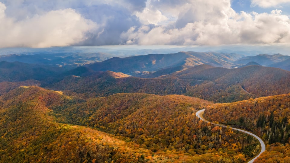 Scenic Autumn Drive on the southern portion of the Blue Ridge Parkway in North Carolina Mountains