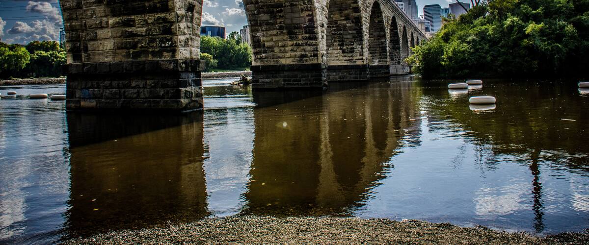 Stone Arch Bridge in downtown Minneapolis Minnesota, as seen from St. Anthony Main