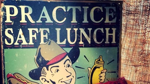 Practice safe lunch; use condiments!
BBQ joint next to a small airfield. Cool spot to hang out on the patio picnic benches when the weather is nice.