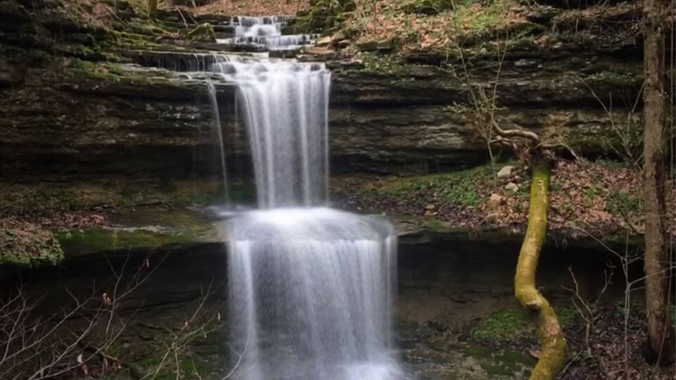 A waterfall cascading over layered rock formations in a forested area.