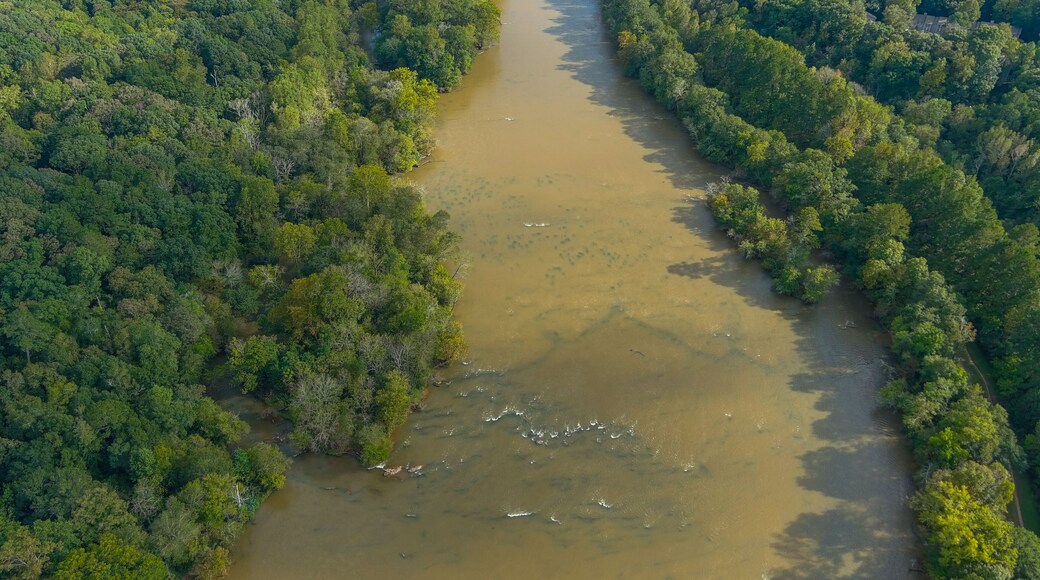 a majestic aerial shot of the silky brown water of the Chattahoochee river with lush green and autumn colored trees along the banks of the river at Cochran Shoals trail in Marietta Georgia
