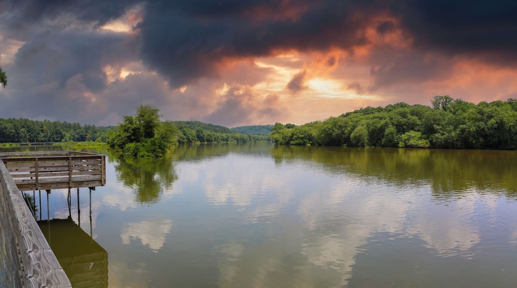 a panoramic shot of the still silky brown water of the Chattahoochee river with a long wooden boardwalk along the river and lush green trees with powerful clouds at Roswell Riverwalk in Georgia