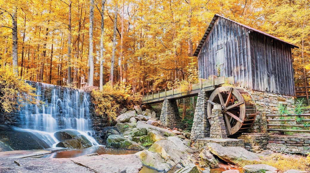 Fall or Autumn image of historic mill and waterfall in Marietta, GA