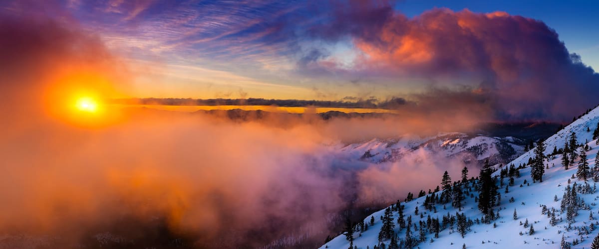 Sunrise in winter on Slide Mountain near Reno, NV on the Mt. Rose Highway. Colorful clouds and snowy landscape.