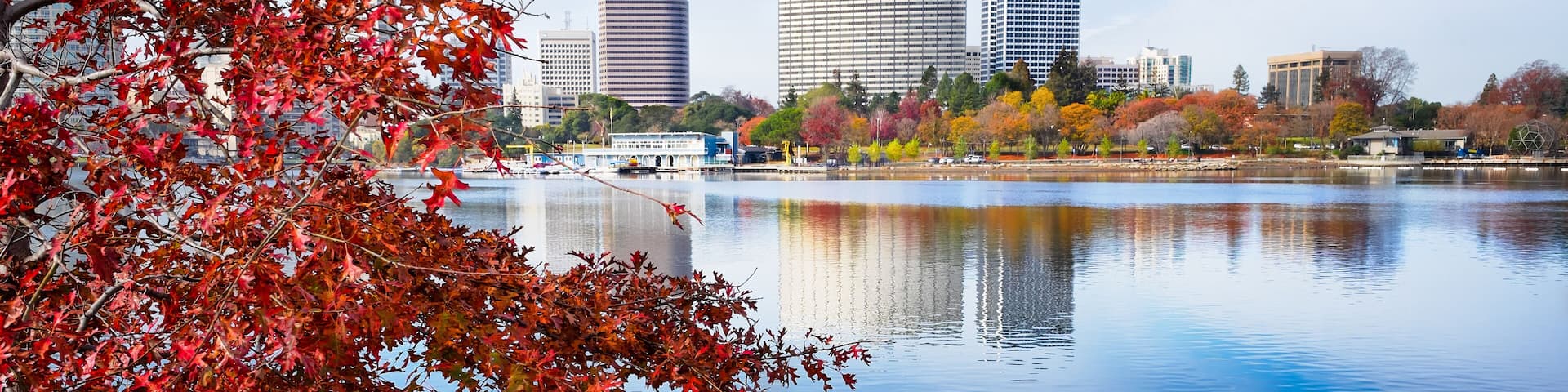 A calm lake with autumn foliage in the foreground and a city skyline in the background.
